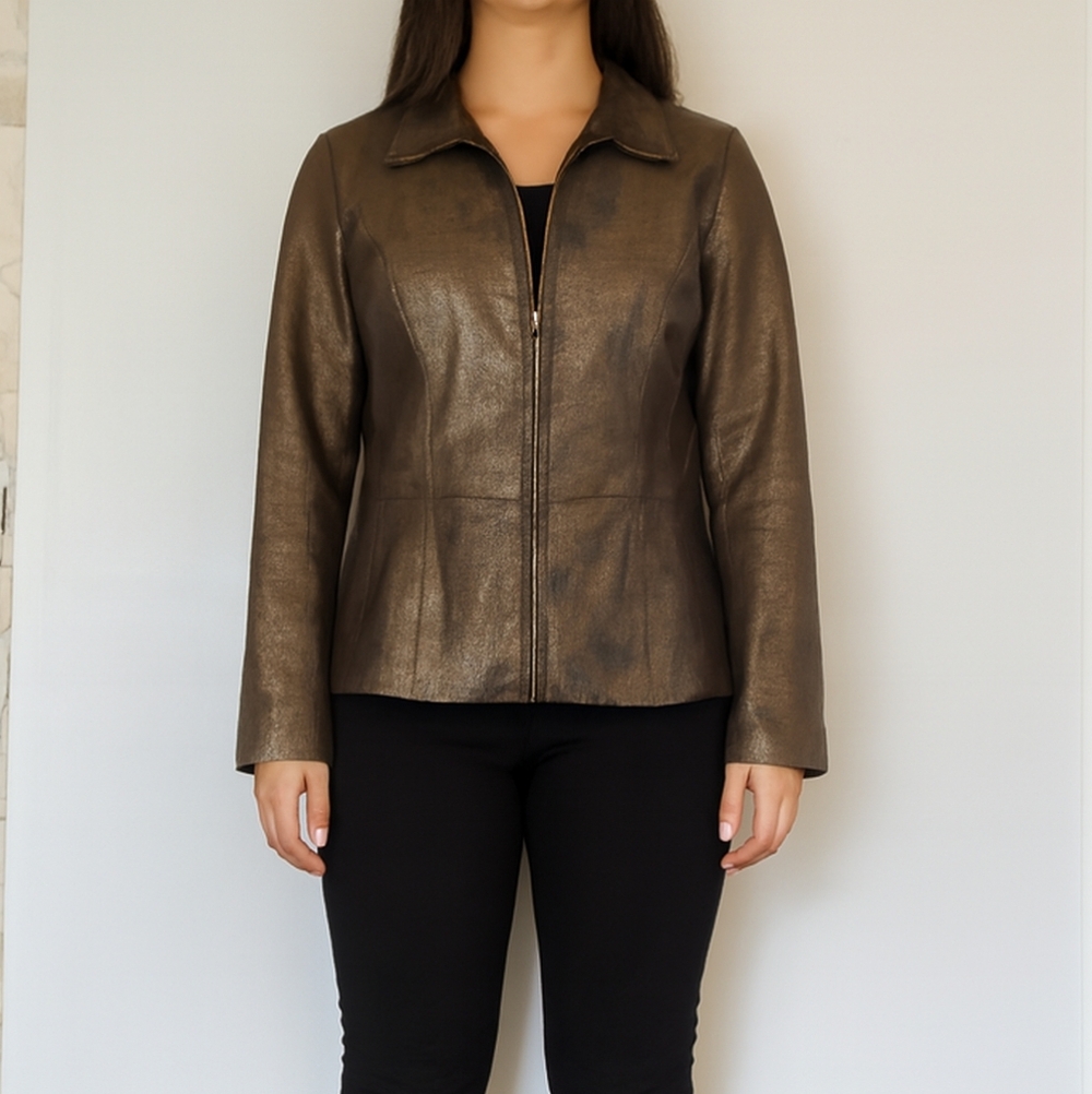 Coldwater Creek Leather Jacket Women's Size Large Brown Metallic Western Country